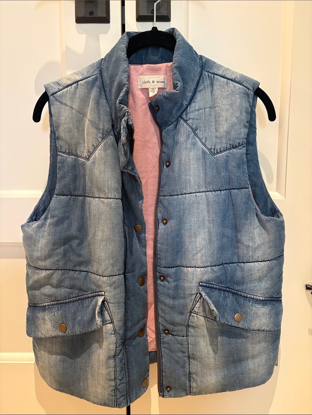 cloth & stone light wash denim blue puffer vest